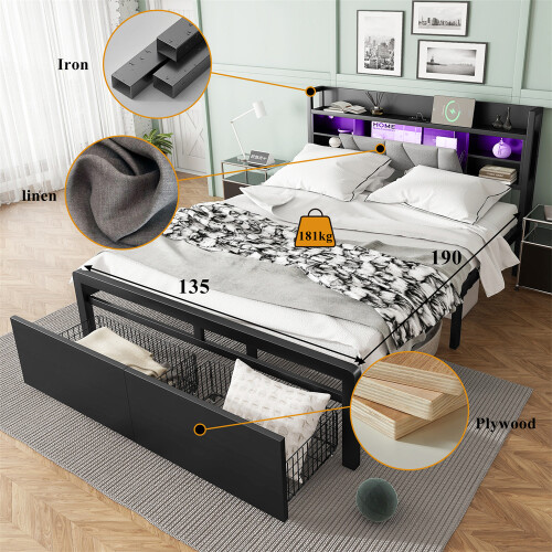 Metal Black Double Bed, LED Lighting, USB Ports & Storage Headboard 2