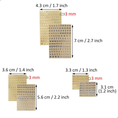 6 folhas pequenas de adesivos de alfabeto e números de 0,12 polegadas com glitter (3 mm) 1
