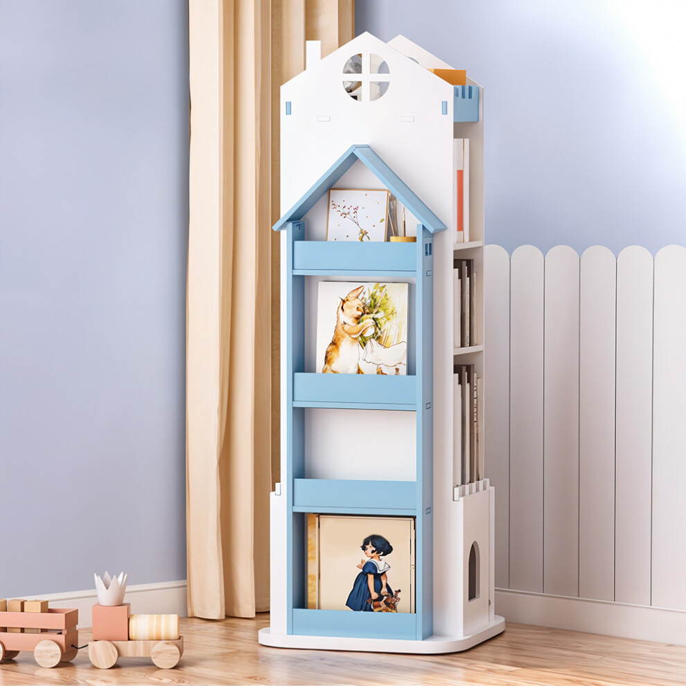 (White+Blue) 5-Tier Castle Kids Rotating Bookshelf-image-OPC-PJKZWYX-NEW