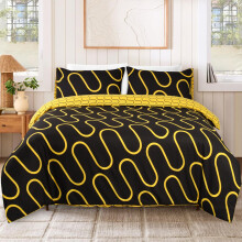 (Super King Quilt Cover, Ochre Black Wave) Printed Duvet Cover Set with Pillowcases - Soft Microfibre Bedding Quilt Cover - Single, Double, King