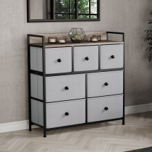 (Beige & Grey Wood) Chorley 7 Fabric Drawer Home Storage Chest
