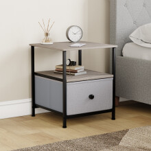 (Beige & Grey Wood) Chorley 1 Drawer Fabric Storage Bedside Chest UKFR