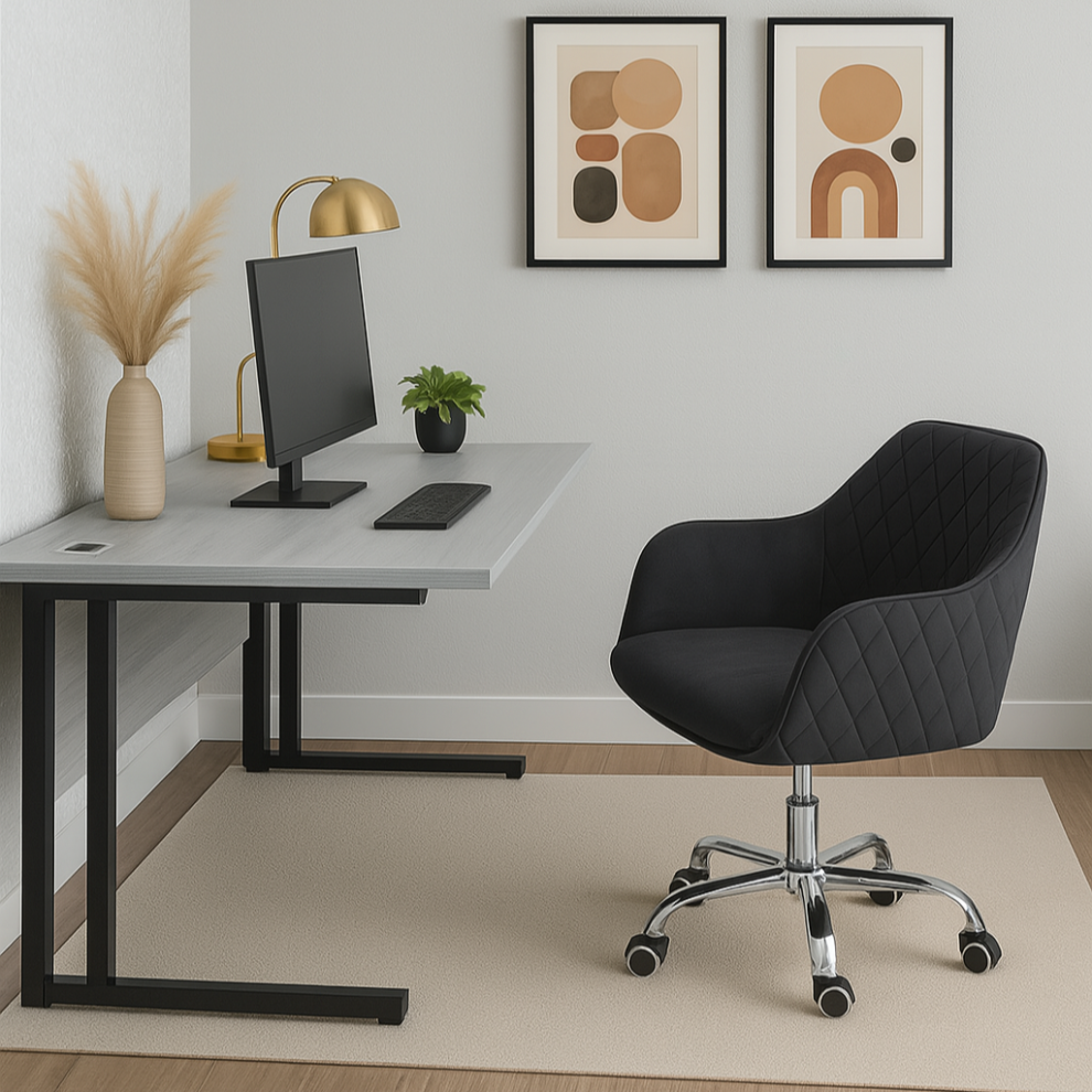 Grey Office Desk Set with Black Velvet Upholstered Chair