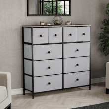 (Beige & Grey Wood) Chorley 10 Fabric Drawer Home Storage Chest