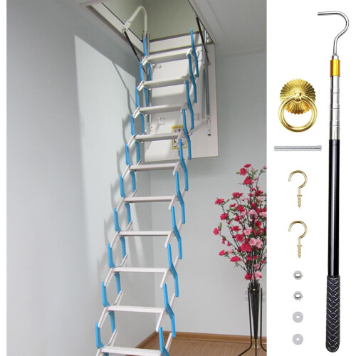 Extendable Loft Ladder Hook Set with 60 Inch Adjustable Pole and Copper Rings for Enhanced Stability and Style 1