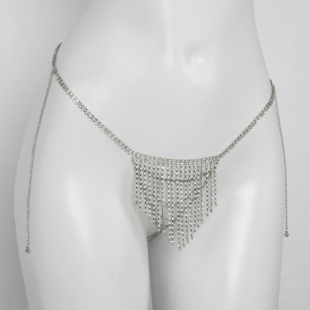Lady Diamond Fringe Waist Chain Tanga Chain Silver for Nightclub, Adjustable Size, Shiny Design