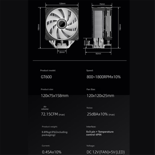 GT600 digital display CPU luftkøler med 1800 o/min ARGB A 1