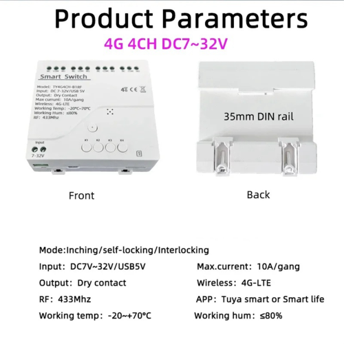 Tuya Smart Switch 4G LTE Relay with RF 433Mhz DC 7-32V 1