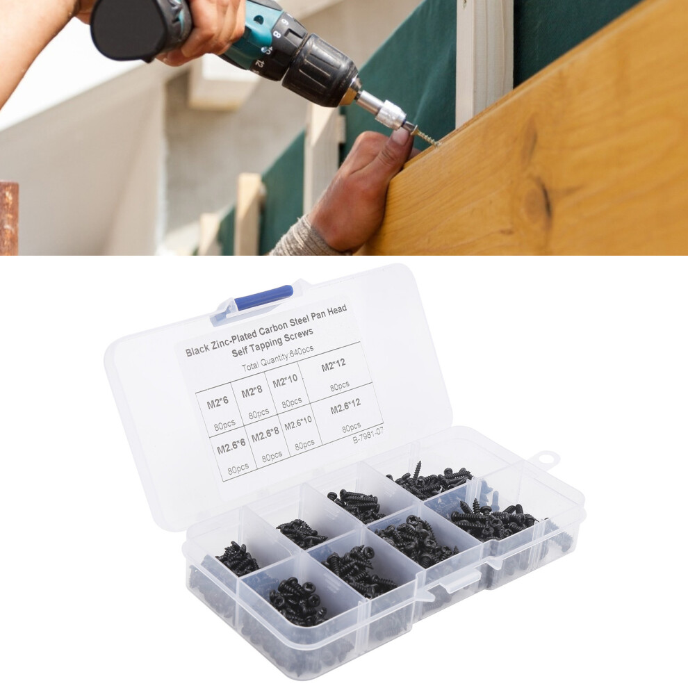 Black Carbon Steel Tapping Screws Set 640Pcs Pan Head Cross Fasteners 9411340726085