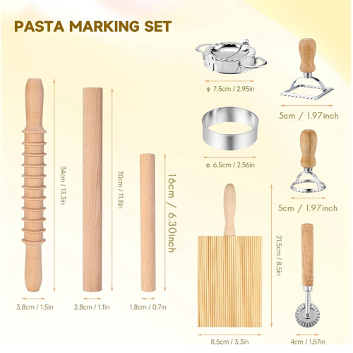 9Pcs Pasta Making Tools Set, Wooden Rolling Pin,Pastry Cutter Wheel 2