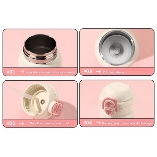 Cute Stainless Steel Water Bottle with Straw Silver
