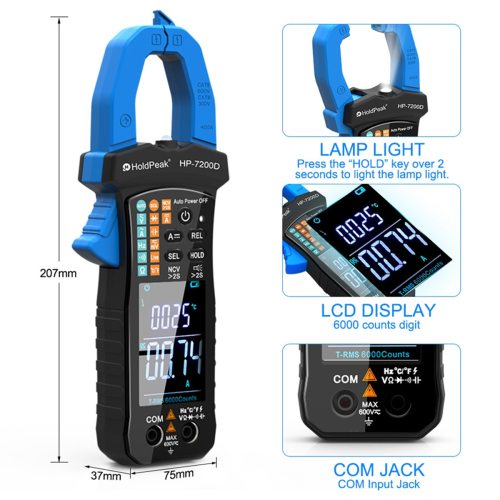 Ψηφιακή αμπεροτσιμπίδα HoldPeak HP-7200D, πολύμετρο TRMS 6000 μετρήσεων 2