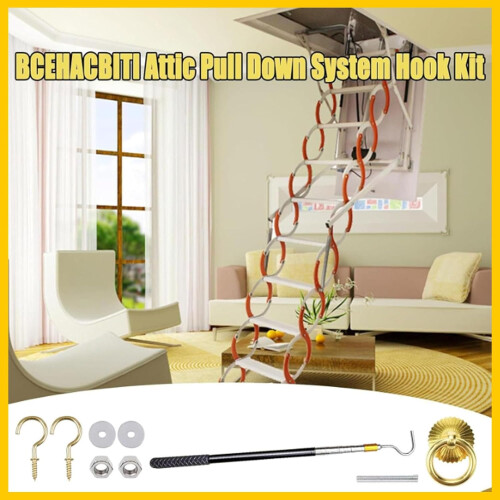 Loft Ladder Pull System Kit with Extension Rod, Copper Storage Hooks, and Handle for Home and Hotel Use 1