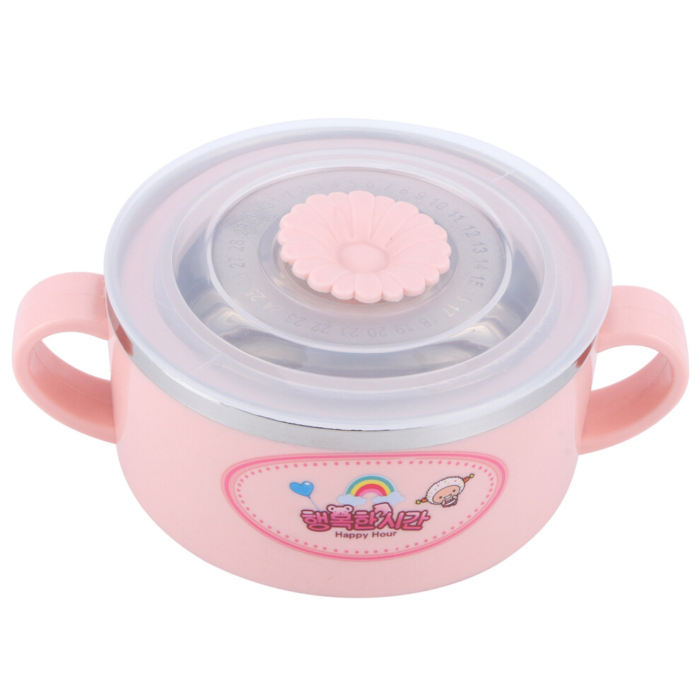 304 Stainless Steel Kids Bowl: Pink Cartoon Design with Lid & Date Indicator