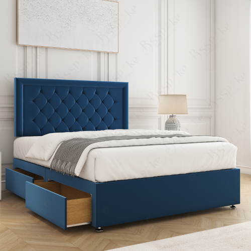 (Blue, Single 3ft) Nova Divan Bed with Mattress 26in Headboard 2 Storage Drawers