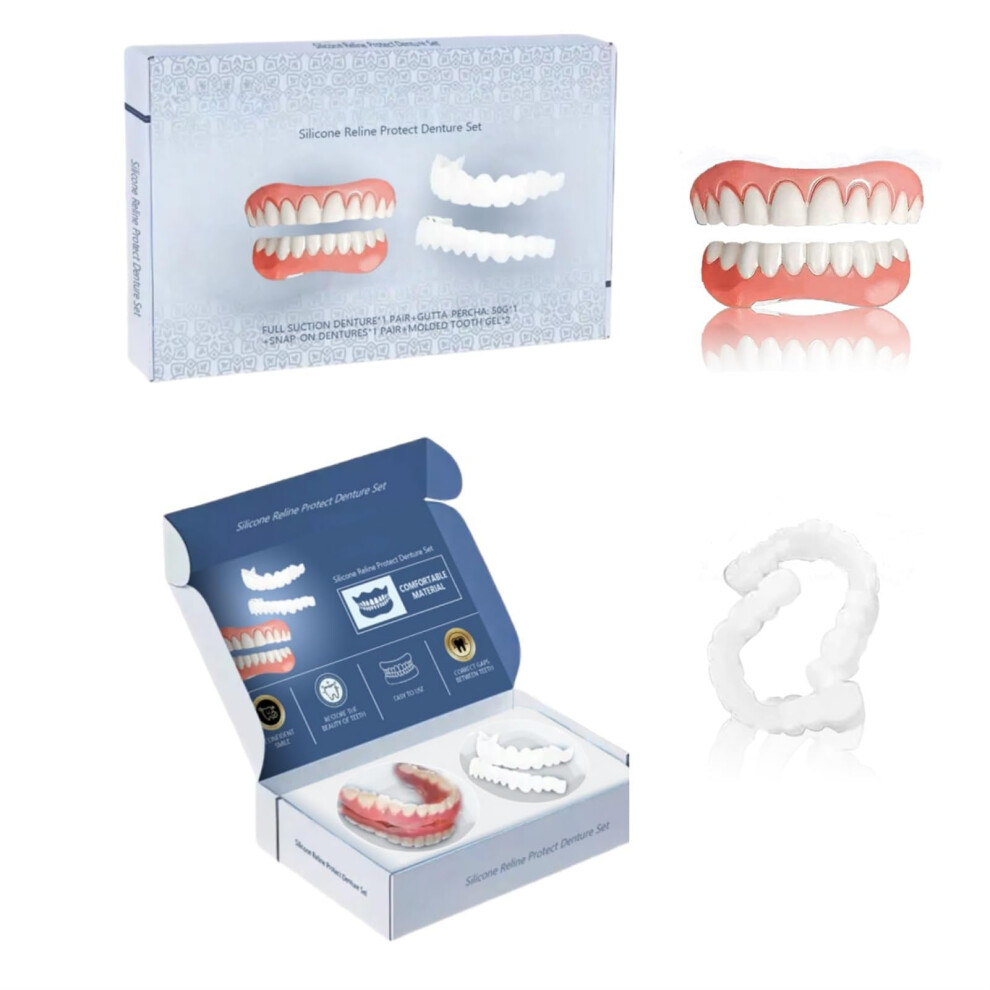 Silicone Dentures Kit for Full Mouth Replacement, Top and Bottom False Teeth, Reline and Snap Dentures, 1 Piece
