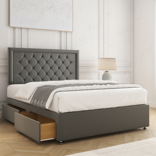 (Grey, Small Double 4ft) Nova Divan Bed with Mattress 26in Headboard 2 Storage Drawers