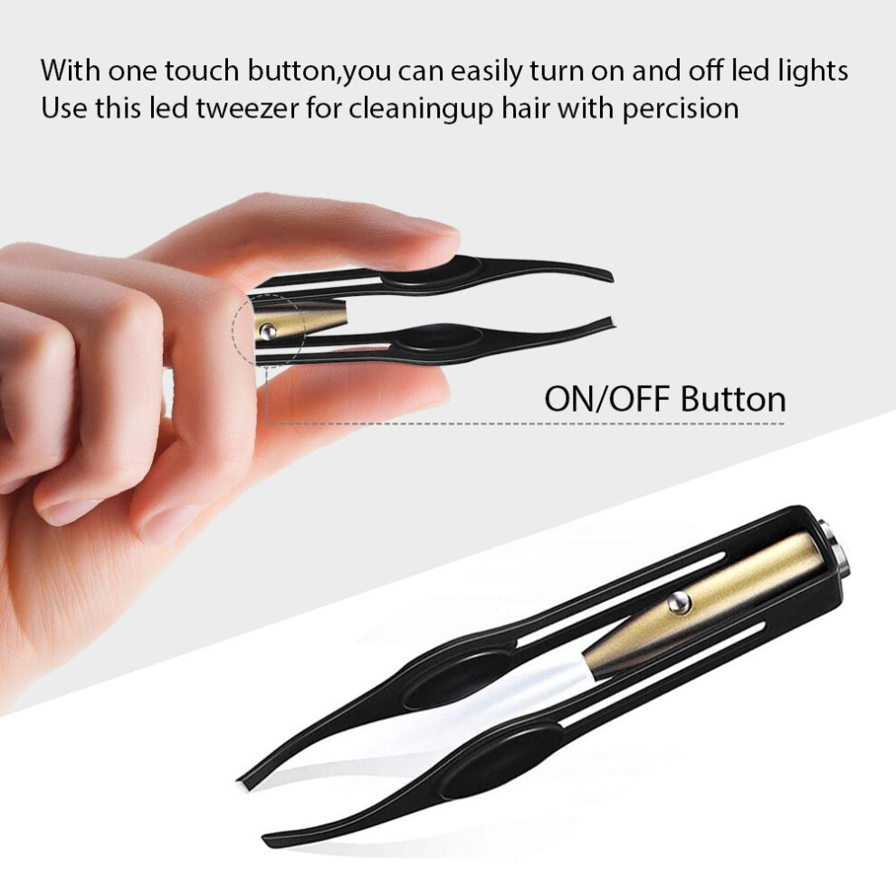 LED Lighted 4 Pcs Stainless Steel Tweezers for Eyelash Eyebrow & Hair Removal