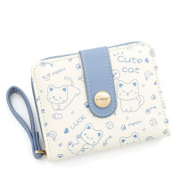 Cute Cat Wallets Women's Small PU Leather Card Case Coin Purse with Zip Bag for Girls, Blue Casual Design