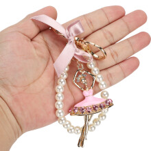 2 Pcs Ballet Girl Keychains featuring Diamond Bowknot and Pearl Metal Bag Charm