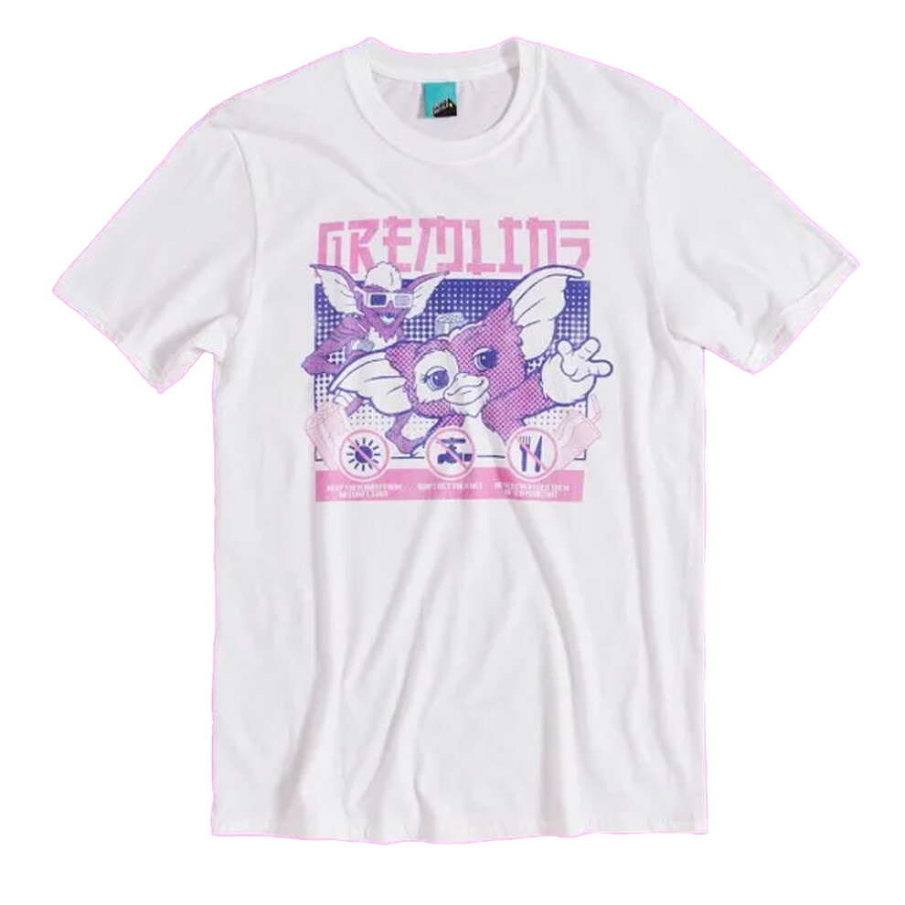 (XXL, White) Gremlins Unisex Adult Cyber Stripe & Gizmo T-Shirt-image-OPC-PJM6B6D-NEW