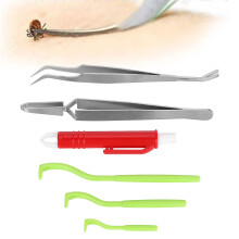 Dog & Cat Tick Removal Kit - Stainless Steel Tweezers & Pen, Green & Red