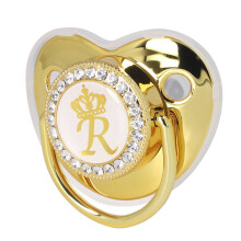 Baby Schnuller Infant Tragbarer Exquisiter Goldkrone Buchstaben Rhinestone Schnuller mit Kettchenclip Buchstabe R