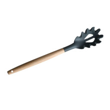 Pasta Strainer with Wooden Handle, Honey Spoon, Skimmer, and Flour Bowl for Cooking Spaghetti and Dinkel Noodles, Grey