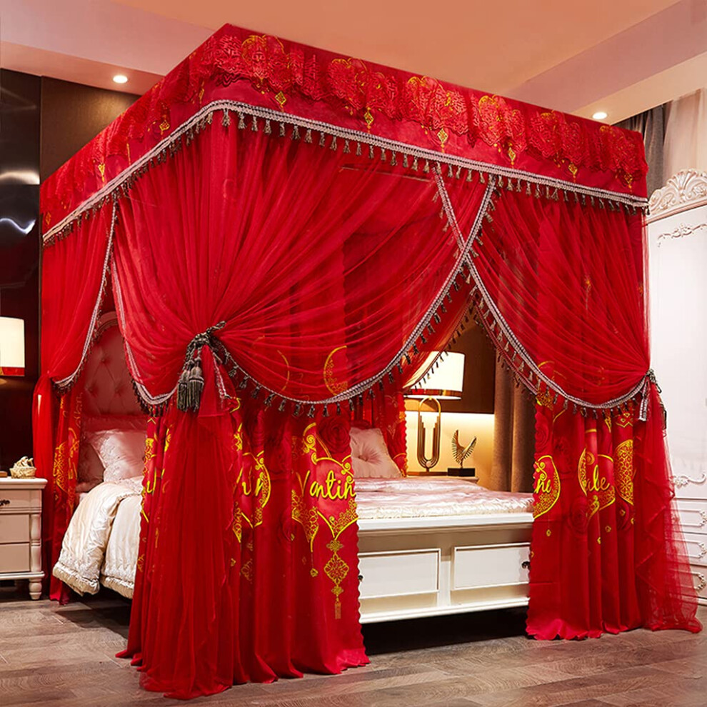 Princess Bed Canopy With 4 Corner Posts And Sweet Mosquito Net For Girls Beds, Queen Size, Bedroom Decor Red