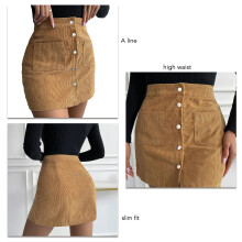 Damen Cord-Leder Mini-Shorts A-Linien-Design Hoch tailliert Eng anliegend mit Knöpfen und Taschen für Herbst/Winter Ginger M