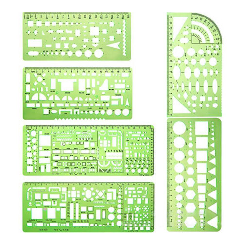 6pcs Green Drawing Templates for Office & School Building Formwork