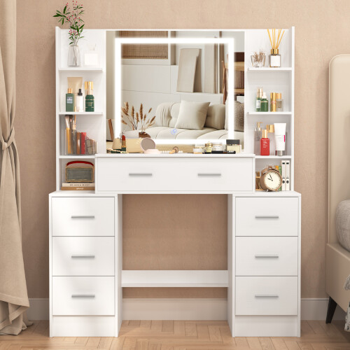 7 Drawer Dressing Table Makeup Desk with LED Mirror Vanity Table White 1