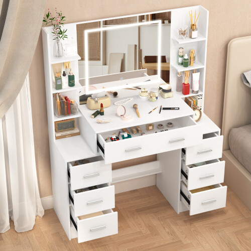 7 Drawer Dressing Table Makeup Desk with LED Mirror Vanity Table White