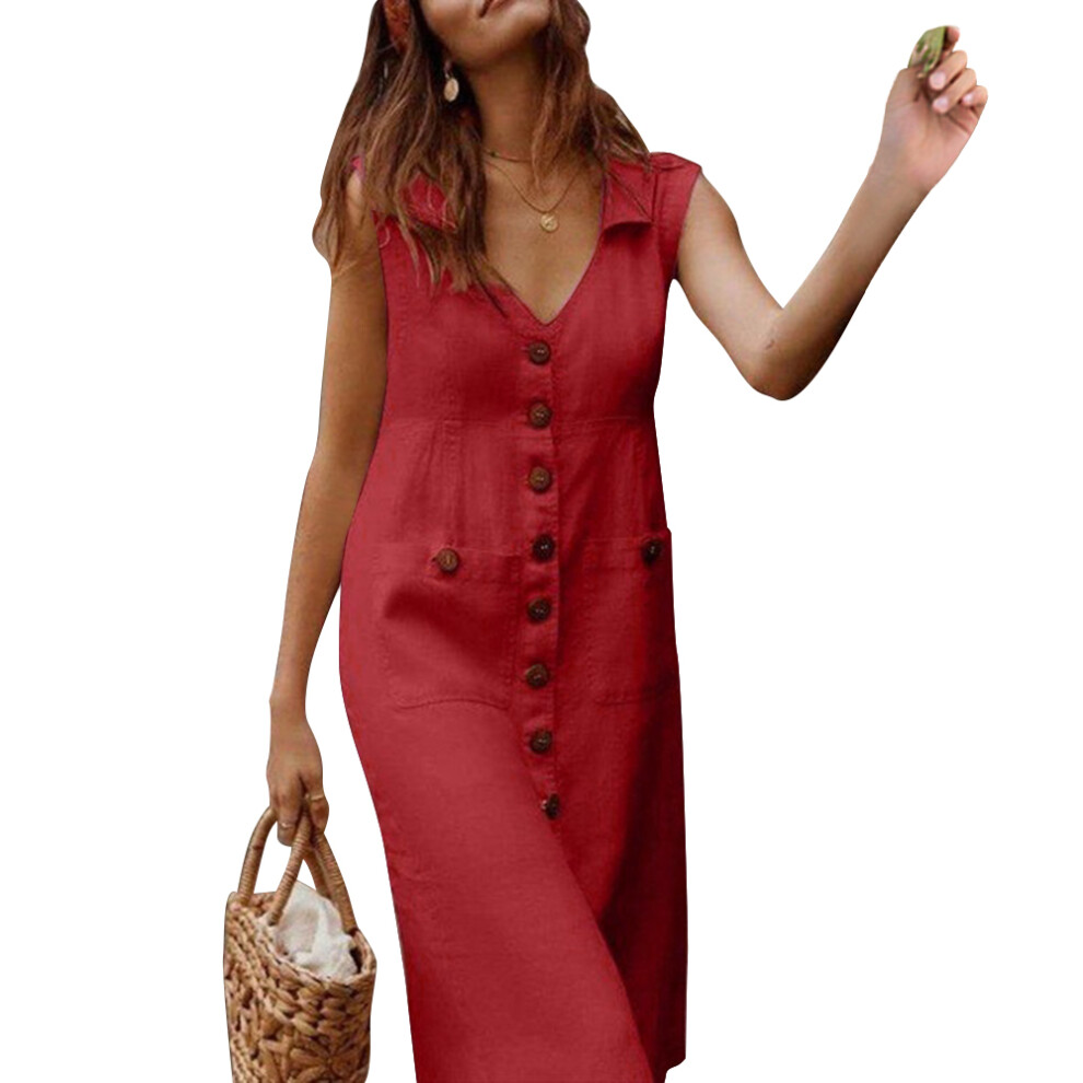 Women Summer Cotton Linen Dress Solid Color V Neck Sleeveless Casual Vintage Blue 36 US-image-OPC-PJM7DXS-NEW