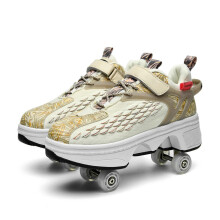 2-in-1 Deformation Retractable Roller Skates 40 Beige Adjustable Four Wheel Sports Shoes for Outdoor Automatic Walking