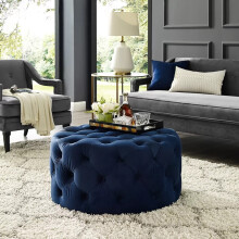 Dark Grey Velvet Ottoman Footstool, Round Tufted Modern Coffee Table, 24x24x16 Inches for Living Room and Bedroom