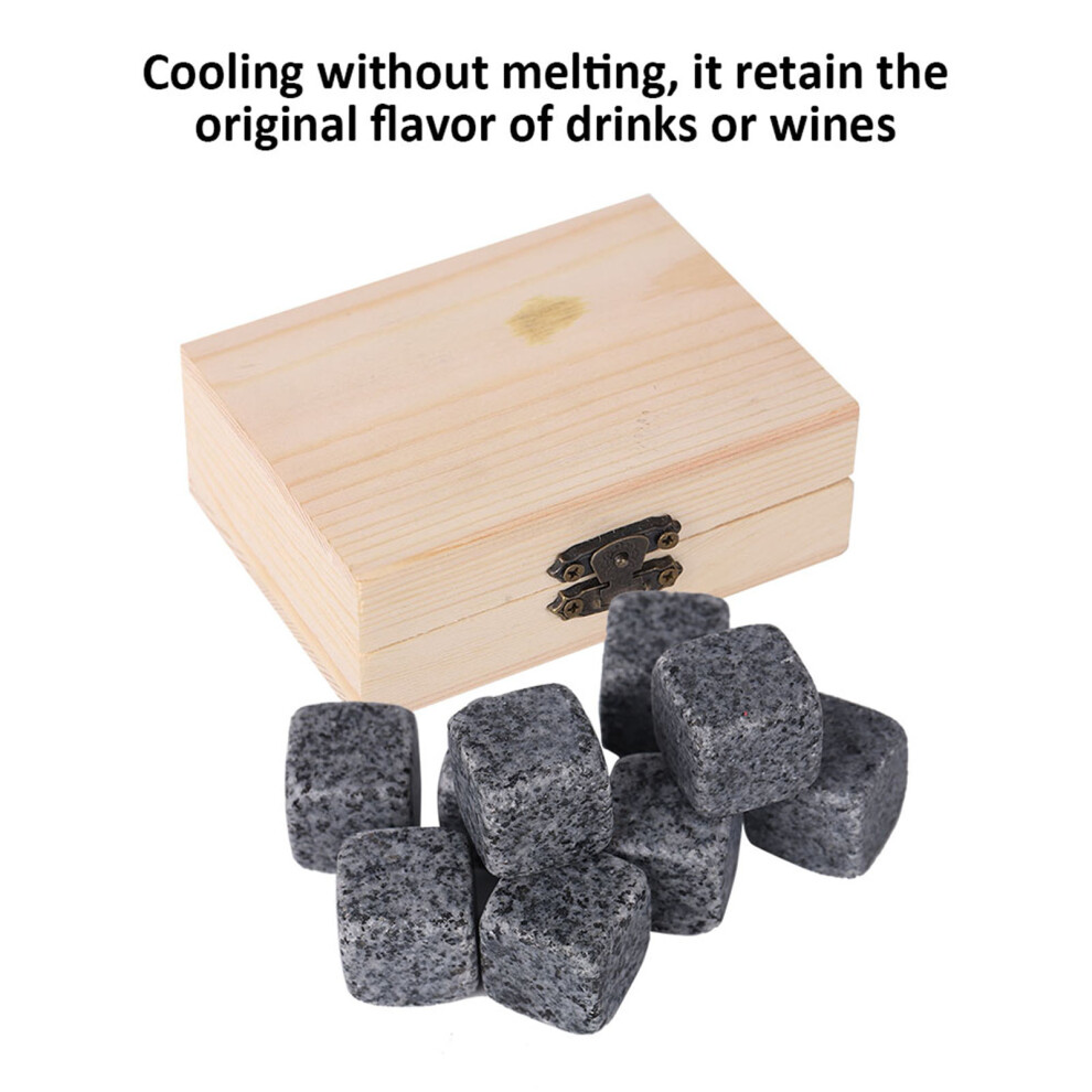 Grey 9Pcs Whisky Chilling Stones Set, Granite Rocks, Wooden Box,