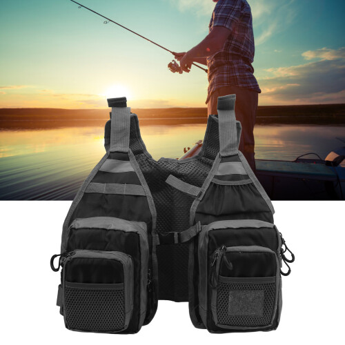 Black Polyester Fishing Vest with Adjustable Straps & Multiple Pockets, Free Size