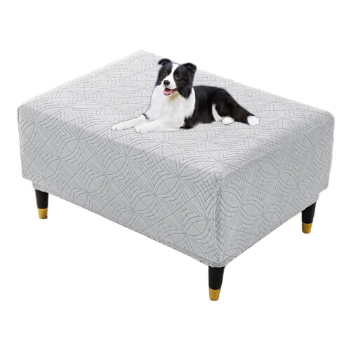 Ottoman Cover Rectangular Stretchable Footstool Protector with Elastic Base for Living Room Storage Light Grey Small