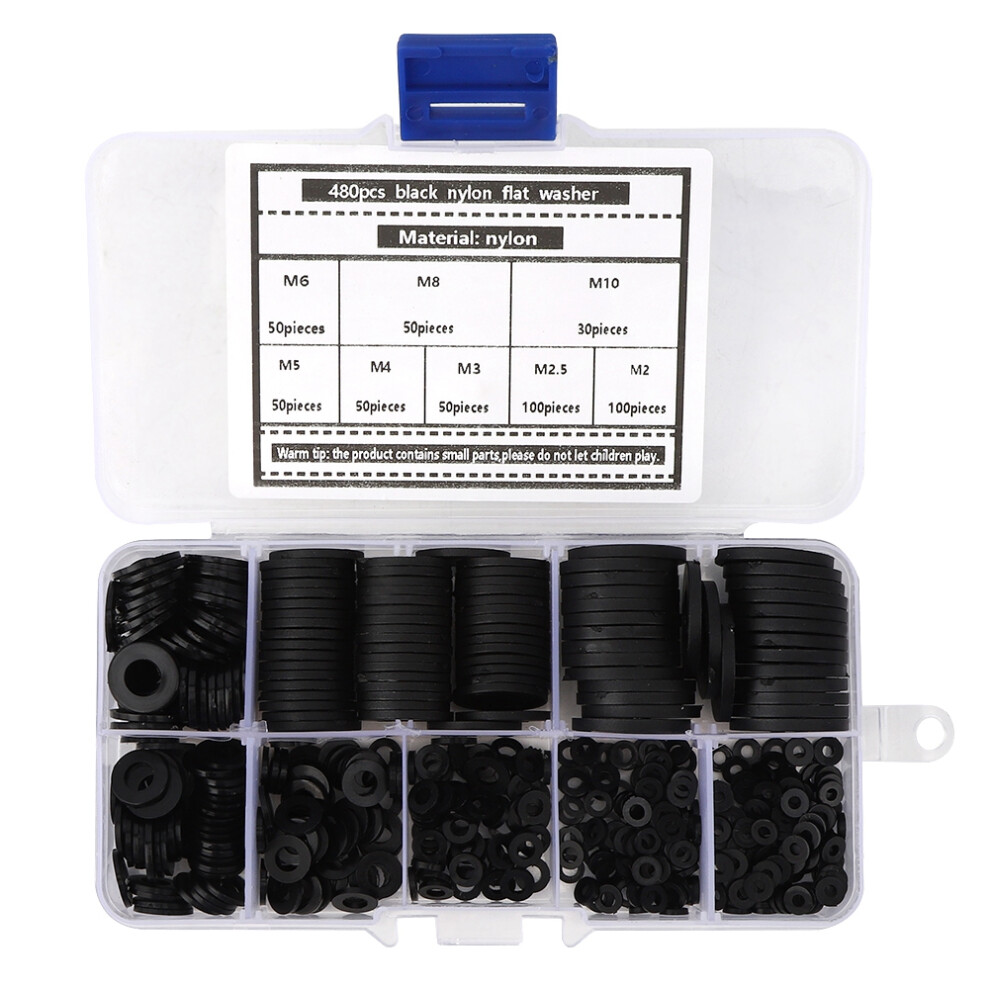 Black Nylon Washer Gasket Set 480Pcs Flat M2-M10 Hardware Supplies Kit 8051340939880