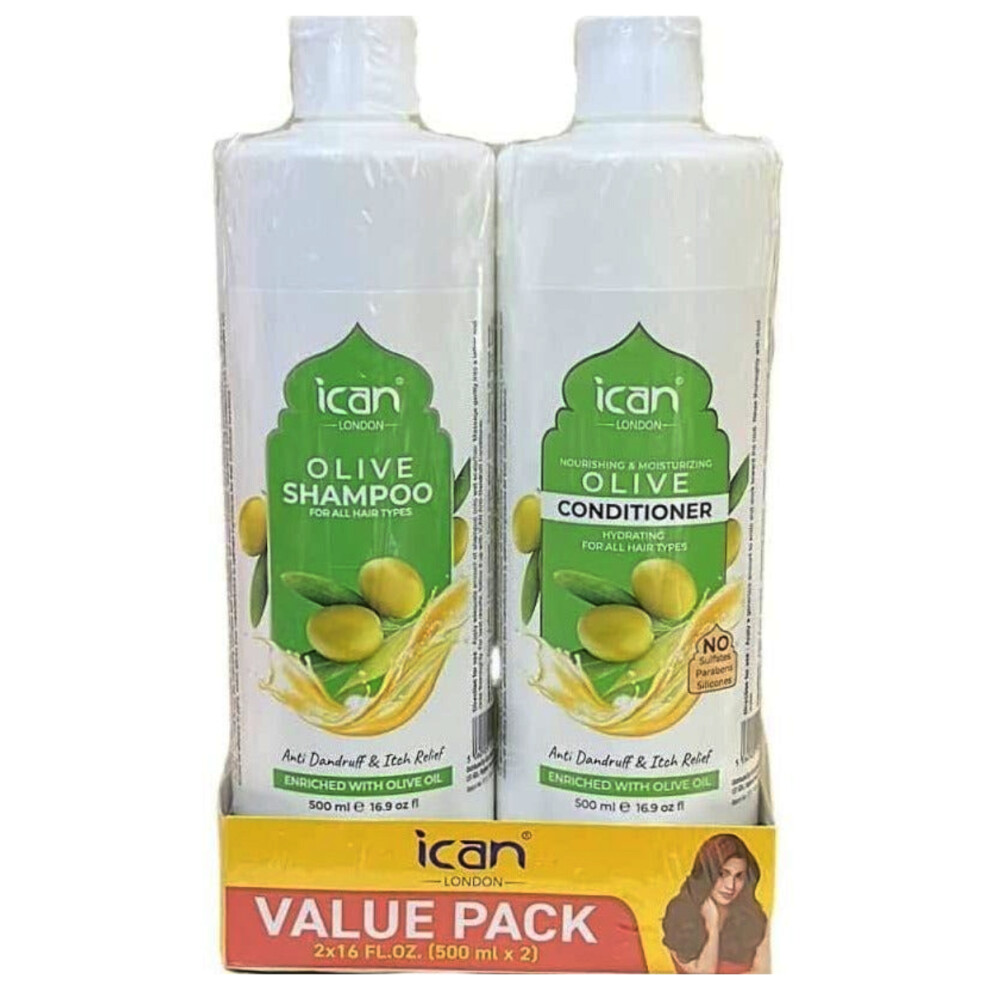 ican London Olive Oil Enriched Anti Dandruff, Itch Relief Formula Shampoo & Conditioner DUO -  500ml Each