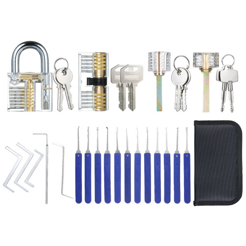 17-Piece Lock Picking Set with Storage Bag & 4 Transparent Practice Locks