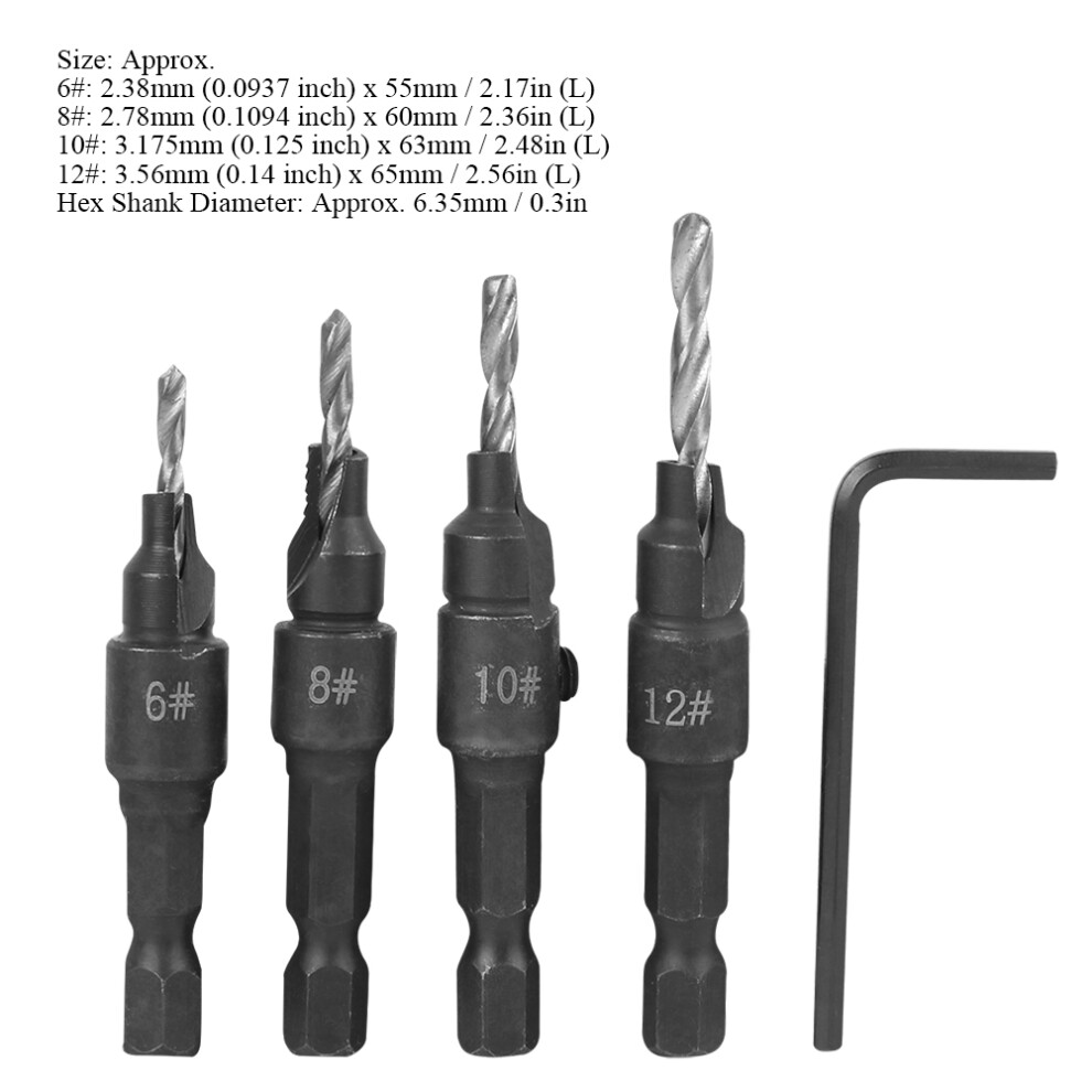 Complete 4-Piece Carbon Steel Drill Bit Set 6-12# With Hex Wrench For Woodwork 3561340975061