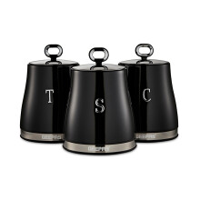 (Black) GEEPAS 3-Piece Tea Coffee Sugar Canisters Set | 1.4L Airtight Stainless Steel Lids & Durable Carbon Steel Body Kitchen Storage Canisters