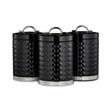 (Black) GEEPAS 3-Piece Tea Coffee Sugar Canisters Set | 1.3L Airtight Durable Carbon Steel Material Lids & Body