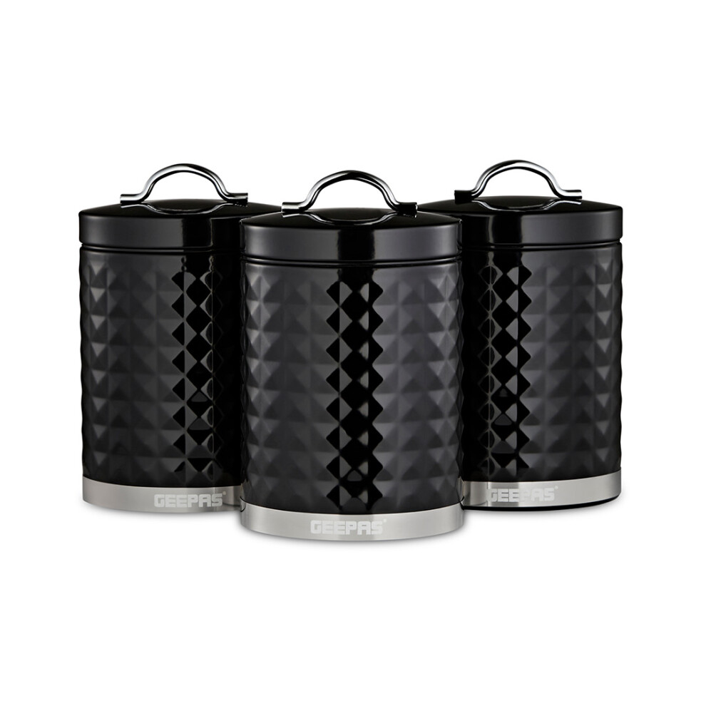 Geepas (Black) 3-Piece Tea Coffee Sugar Canisters Set | 1.3L Airtight Durable Carbon Steel Material Lids & Body Black