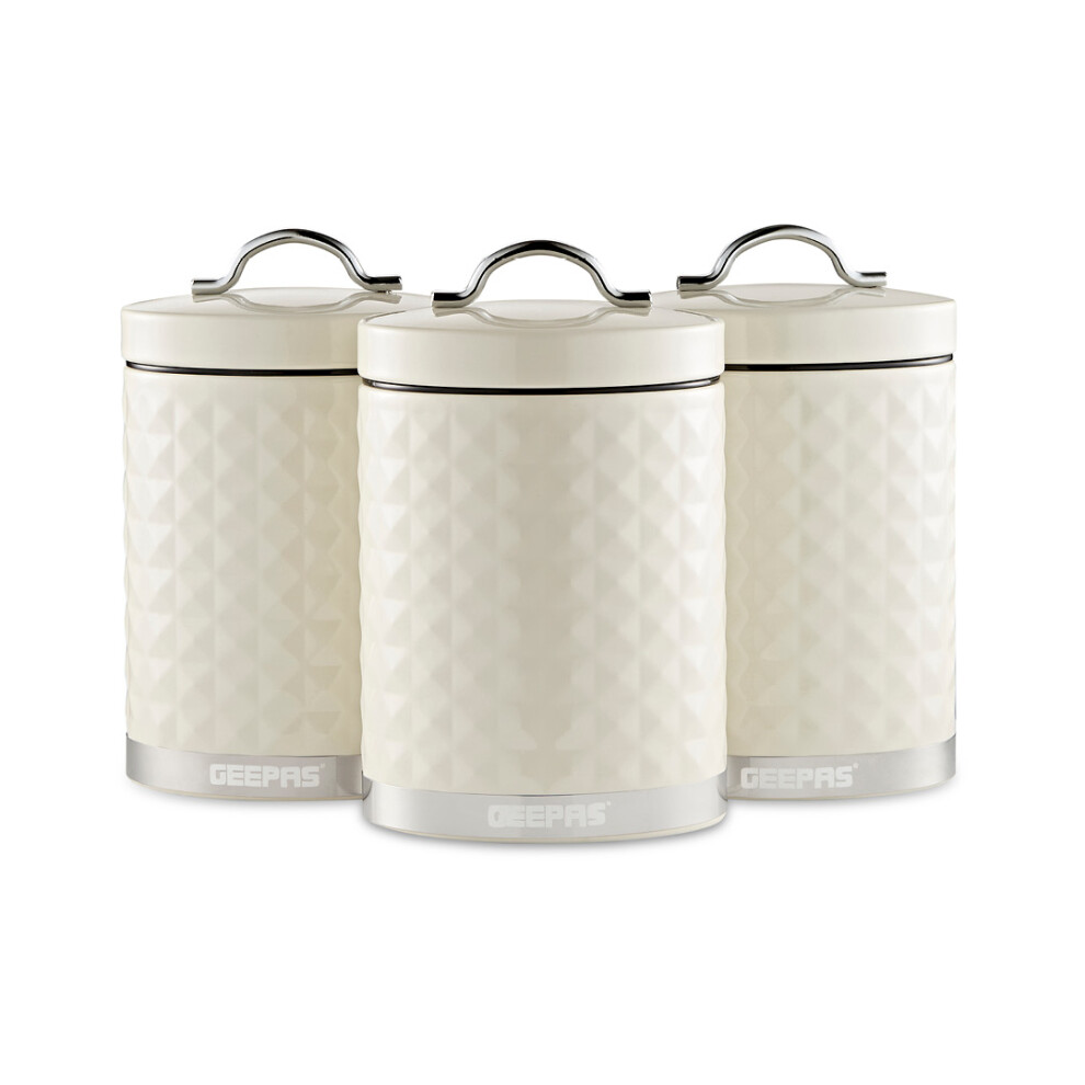 Geepas (Cream) 3-Piece Tea Coffee Sugar Canisters Set | 1.3L Airtight Durable Carbon Steel Material Lids & Body Cream