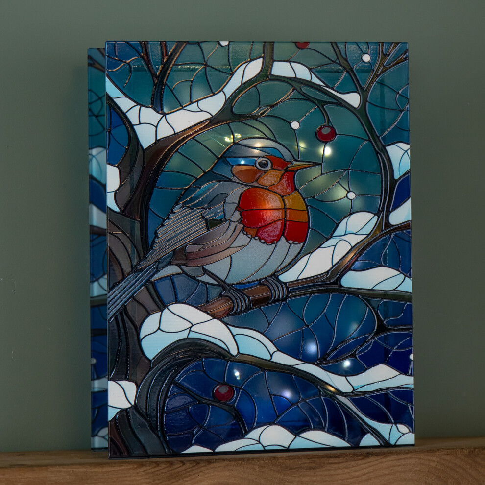 Premier Battery Powered Up Stained Glass Christmas Decoration With Robin & Warm Leds Light/White 28Cm