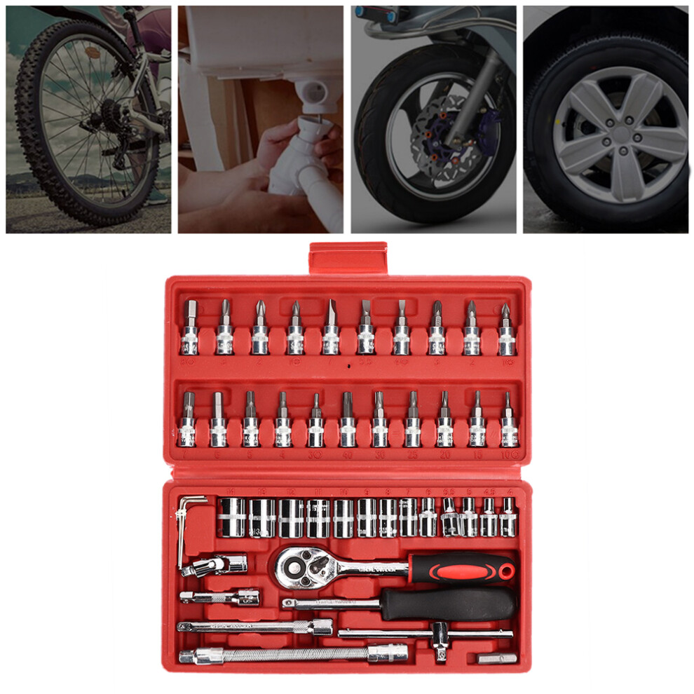 46Pcs/Set Socket Wrench Kit 1/4In Drive Ratchet Car Repair Tools Red 6941340999958