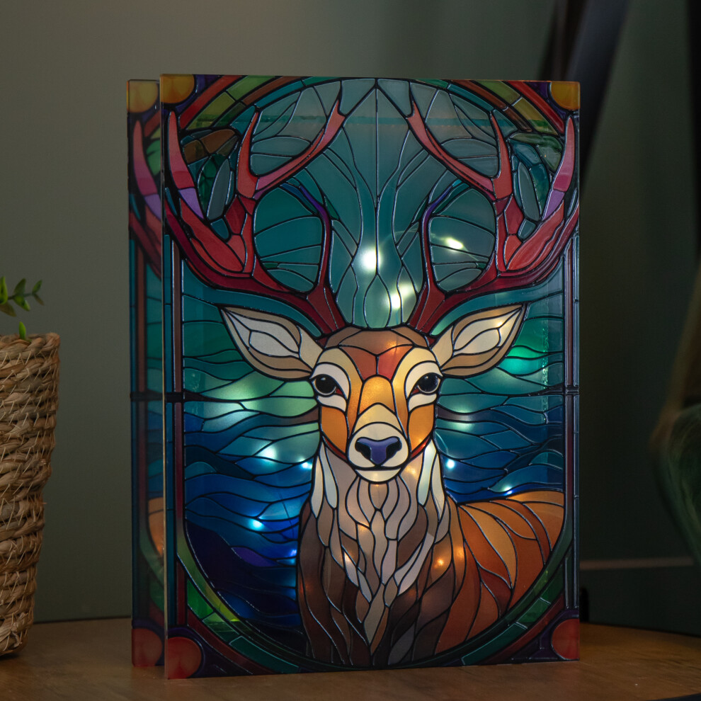Premier Battery Powered Glass Christmas Decoration With Stag & Warm Leds White 28Cm